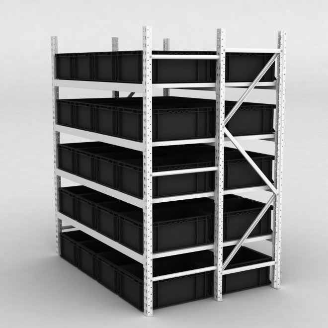 Grofachregal 1 Feld mit 40 Kunststoffboxen in Schwarz