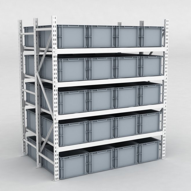 Grofachregal 1 Feld mit 40 Kunststoffboxen in Grau