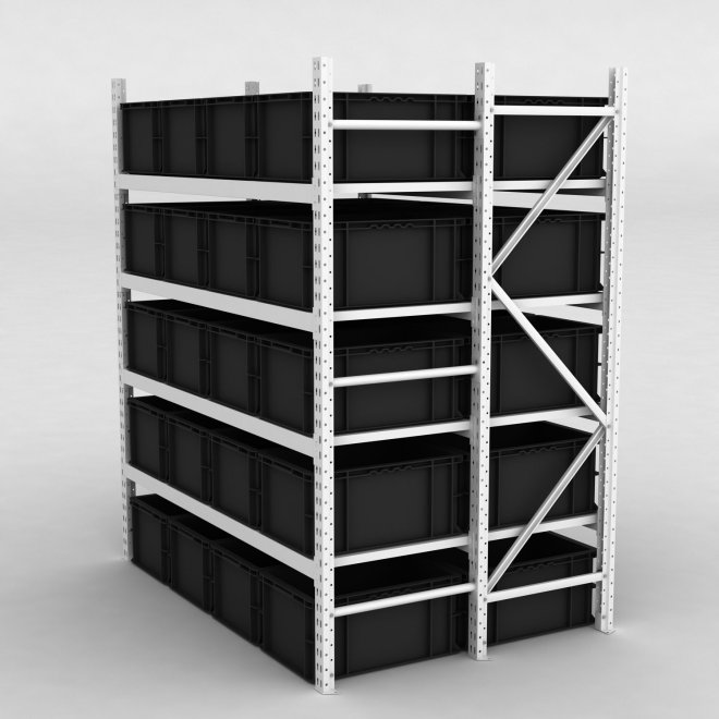 Grofachregal 1 Feld mit 40 Kunststoffboxen in Schwarz