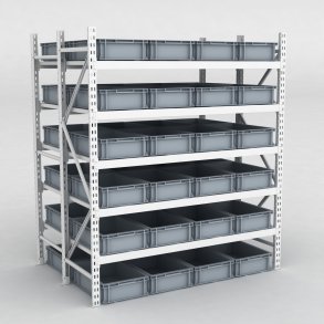 Grofachregal 1 Feld mit 48 Kunststoffboxen in Grau