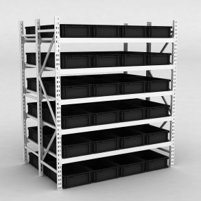 Grofachregal 1 Feld mit 48 Kunststoffboxen in Schwarz