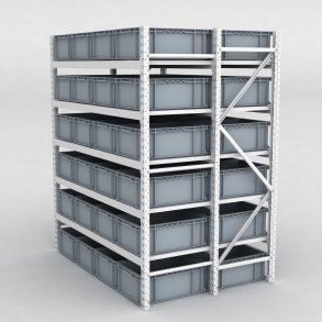 Grofachregal 1 Feld mit 48 Kunststoffboxen in Grau