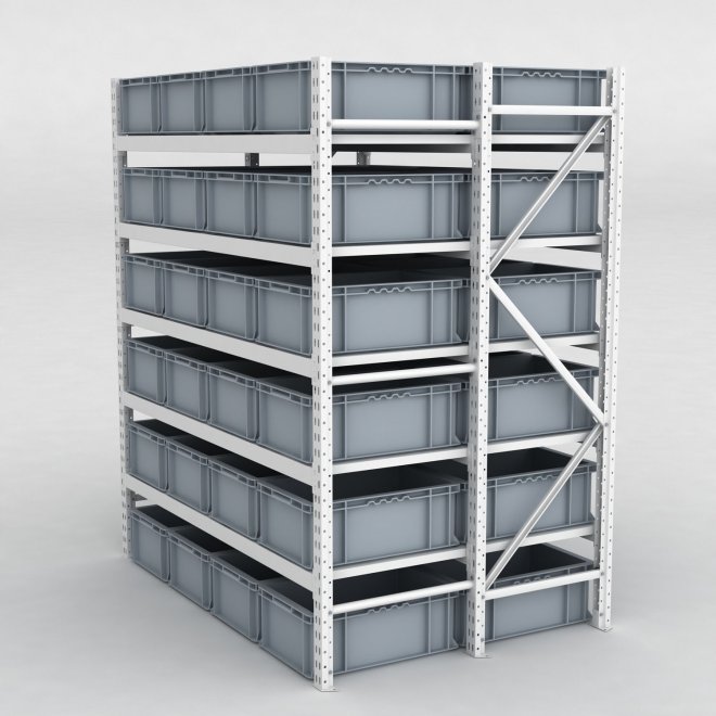 Grofachregal 1 Feld mit 48 Kunststoffboxen in Grau