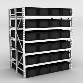 Grofachregal 1 Feld mit 48 Kunststoffboxen in Schwarz