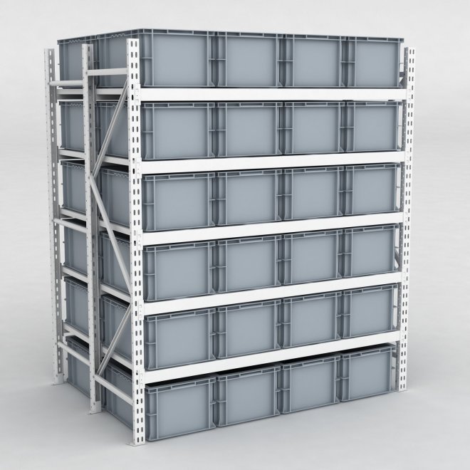 Grofachregal 1 Feld mit 48 Kunststoffboxen in Grau