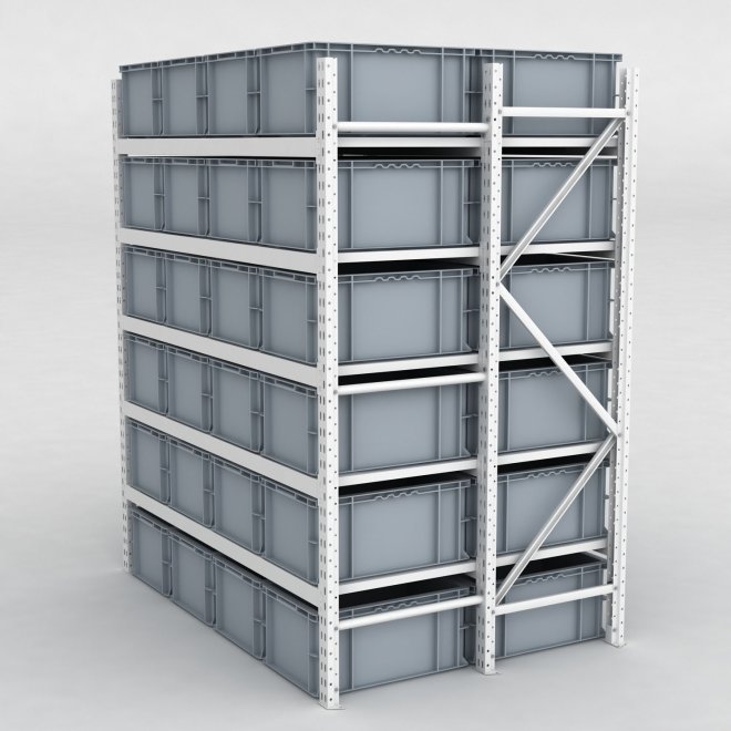 Grofachregal 1 Feld mit 48 Kunststoffboxen in Grau