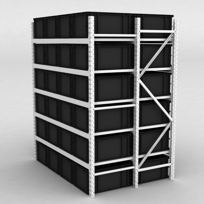 Grofachregal 1 Feld mit 48 Kunststoffboxen in Schwarz -H:200 x L:183 x T:120 cm