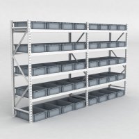 Grofachregal 2 Felder mit 40 Kunststoffboxen in Grau