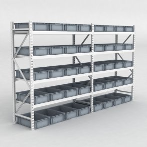 Grofachregal 2 Felder mit 40 Kunststoffboxen in Grau