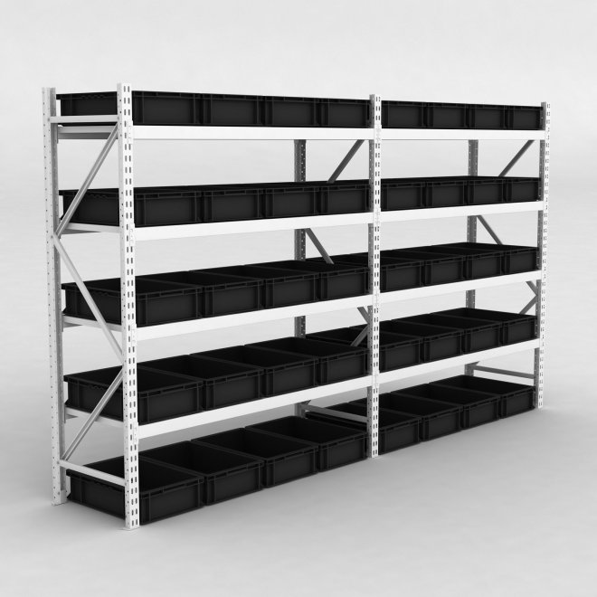 Grofachregal 2 Felder mit 40 Kunststoffboxen in Schwarz
