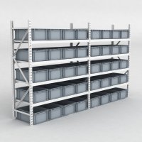 Grofachregal 2 Felder mit 40 Kunststoffboxen in Grau