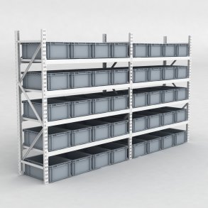 Grofachregal 2 Felder mit 40 Kunststoffboxen in Grau