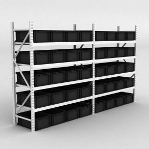 Grofachregal 2 Felder mit 40 Kunststoffboxen in Schwarz