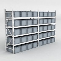 Grofachregal 2 Felder mit 40 Kunststoffboxen in Grau