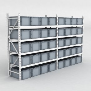 Grofachregal 2 Felder mit 40 Kunststoffboxen in Grau