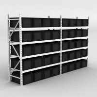 Grofachregal 2 Felder mit 40 Kunststoffboxen in Schwarz