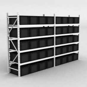Grofachregal 2 Felder mit 40 Kunststoffboxen in Schwarz