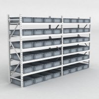 Grofachregal 2 Felder mit 48 Kunststoffboxen in Grau