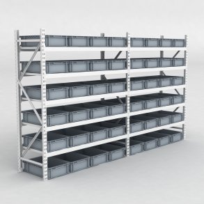 Grofachregal 2 Felder mit 48 Kunststoffboxen in Grau