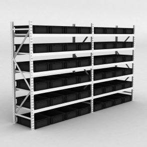 Grofachregal 2 Felder mit 48 Kunststoffboxen in Schwarz