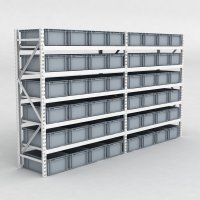 Grofachregal 2 Felder mit 48 Kunststoffboxen in Grau