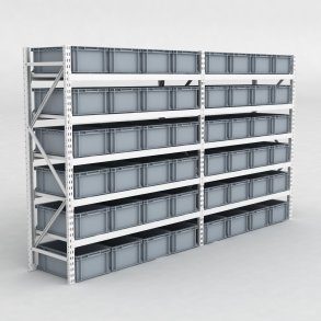 Grofachregal 2 Felder mit 48 Kunststoffboxen in Grau