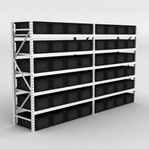 Grofachregal 2 Felder mit 48 Kunststoffboxen in Schwarz