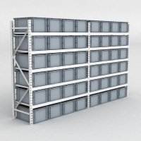 Grofachregal 2 Felder mit 48 Kunststoffboxen in Grau