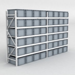 Grofachregal 2 Felder mit 48 Kunststoffboxen in Grau