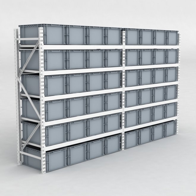 Grofachregal 2 Felder mit 48 Kunststoffboxen in Grau