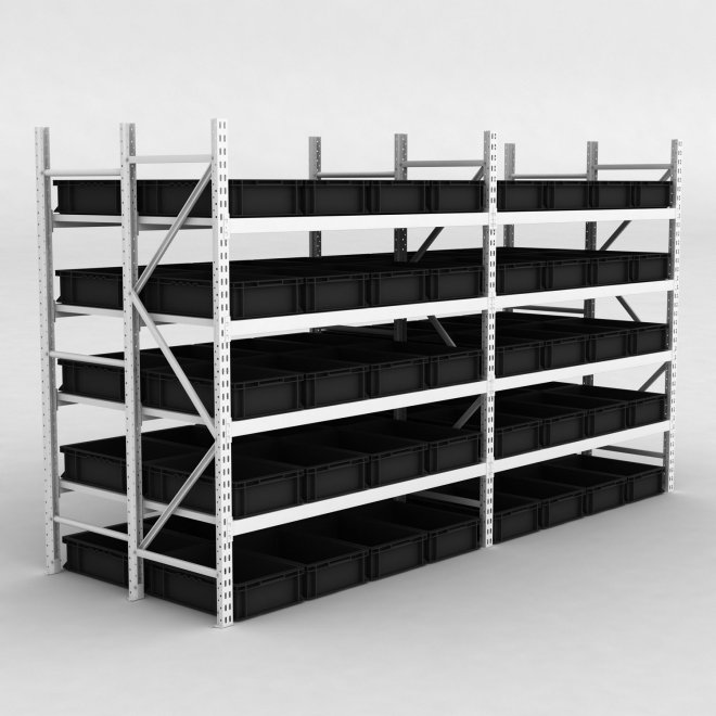 Grofachregal 2 Felder mit 80 Kunststoffboxen in Schwarz