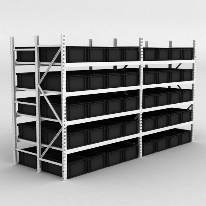 Grofachregal 2 Felder mit 80 Kunststoffboxen in Schwarz