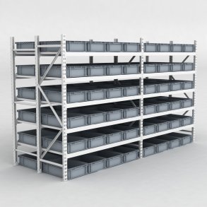 Grofachregal 2 Felder mit 96 Kunststoffboxen in Grau