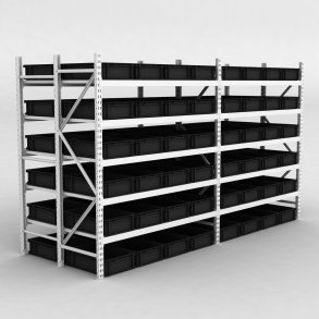 Grofachregal 2 Felder mit 96 Kunststoffboxen in Schwarz