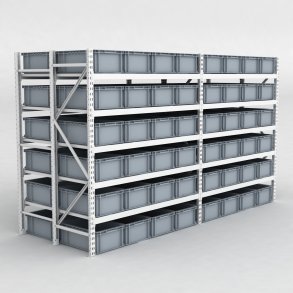 Grofachregal 2 Felder mit 96 Kunststoffboxen in Grau