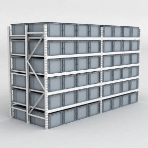 Grofachregal 2 Felder mit 96 Kunststoffboxen in Grau