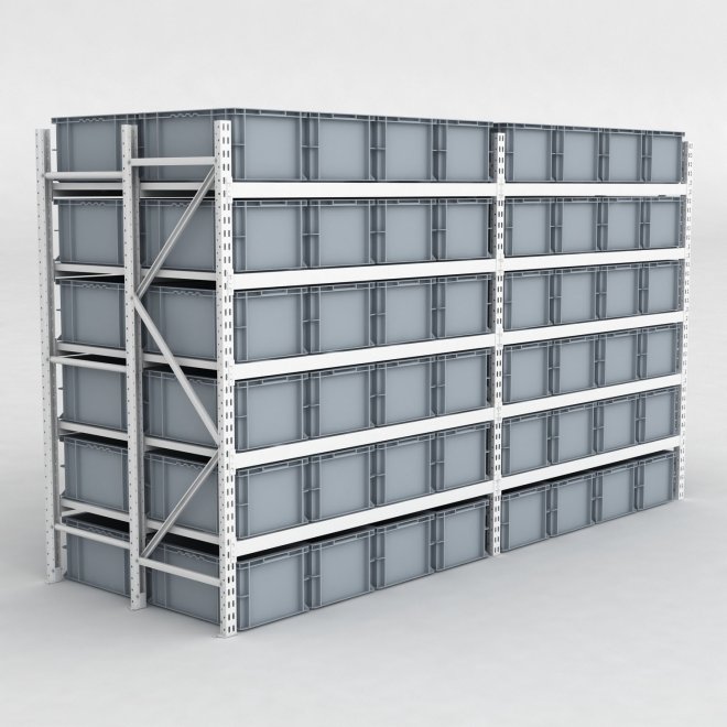 Grofachregal 2 Felder mit 96 Kunststoffboxen in Grau