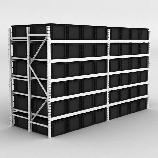 Grofachregal 2 Felder mit 96 Kunststoffboxen in Schwarz