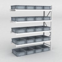 Großfachregal Anbaufeld mit 20 Kunststoffboxen in Grau