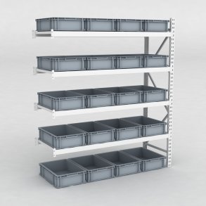 Großfachregal Anbaufeld mit 20 Kunststoffboxen in Grau