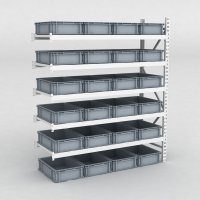 Großfachregal Anbaufeld mit 24 Kunststoffboxen in Grau