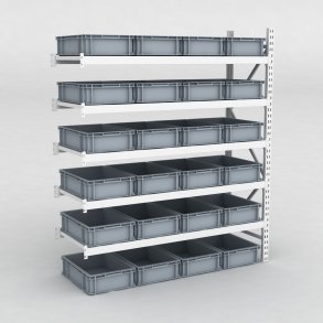 Großfachregal Anbaufeld mit 24 Kunststoffboxen in Grau
