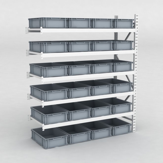 Großfachregal Anbaufeld mit 24 Kunststoffboxen in Grau
