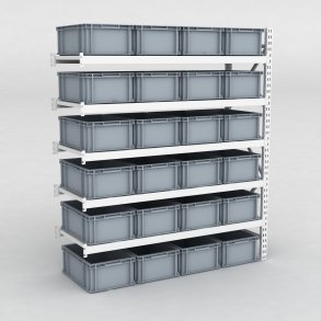 Großfachregal Anbaufeld mit 24 Kunststoffboxen in Grau