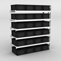 Großfachregal Anbaufeld mit 24 Kunststoffboxen in Schwarz