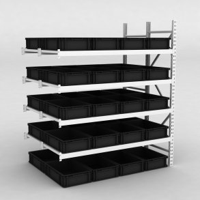 Großfachregal Anbaufeld mit 40 Kunststoffboxen in Schwarz