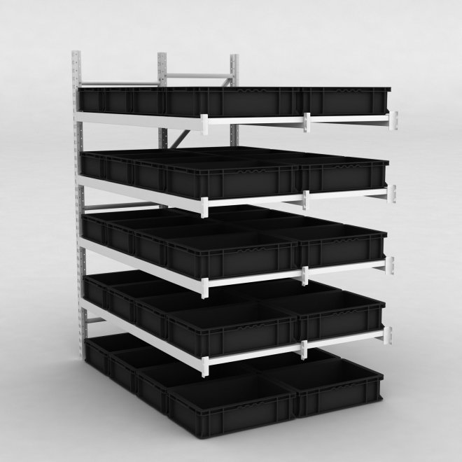 Großfachregal Anbaufeld mit 40 Kunststoffboxen in Schwarz