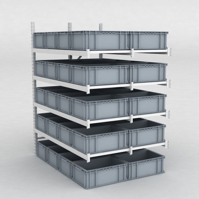 Großfachregal Anbaufeld mit 40 Kunststoffboxen in Grau