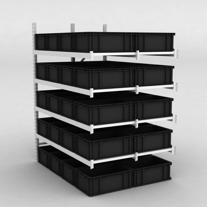 Grofachregal Anbaufeld mit 40 Kunststoffboxen in Schwarz