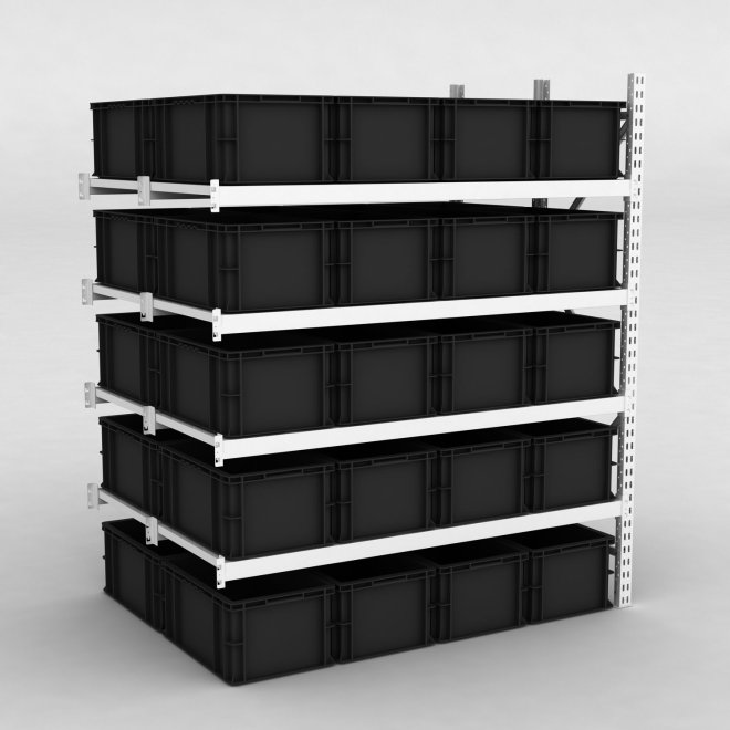 Großfachregal Anbaufeld mit 40 Kunststoffboxen in Schwarz
